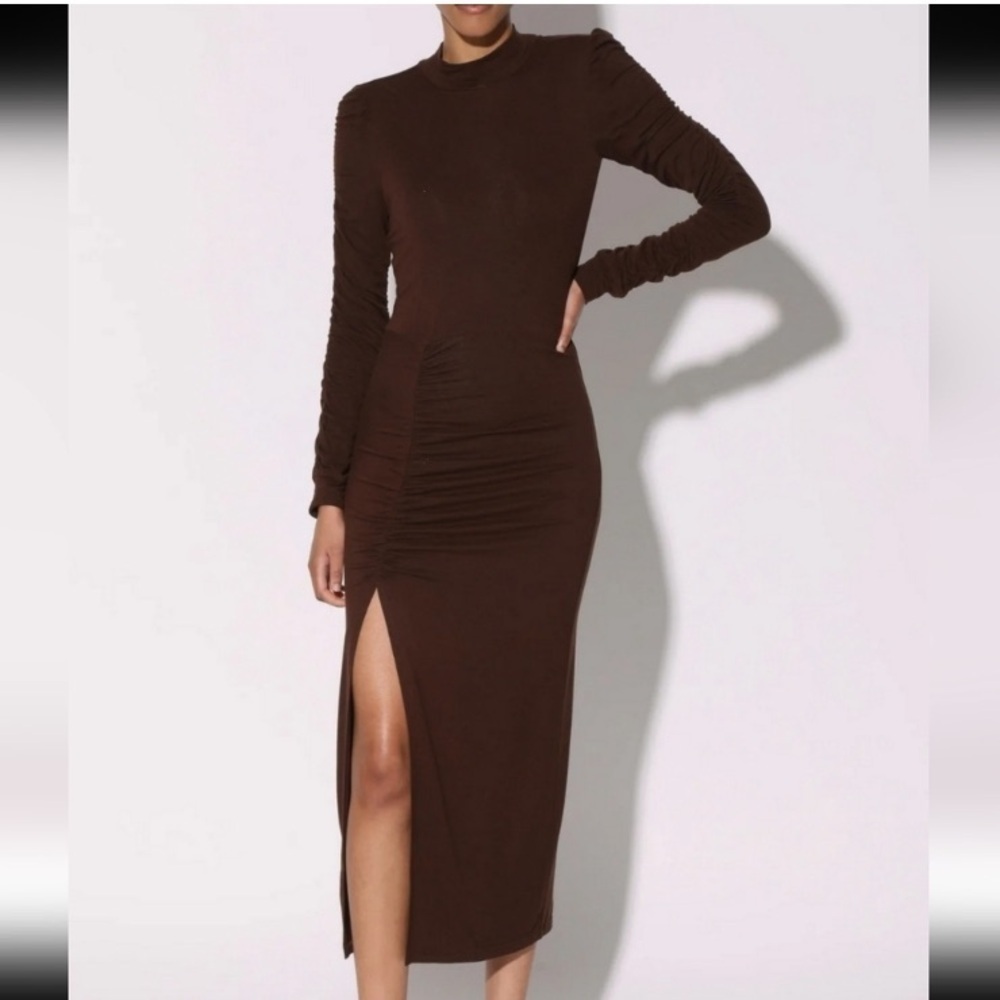 Walter Baker Connie ruched long sleeve Brown long Dress high slit fitted small